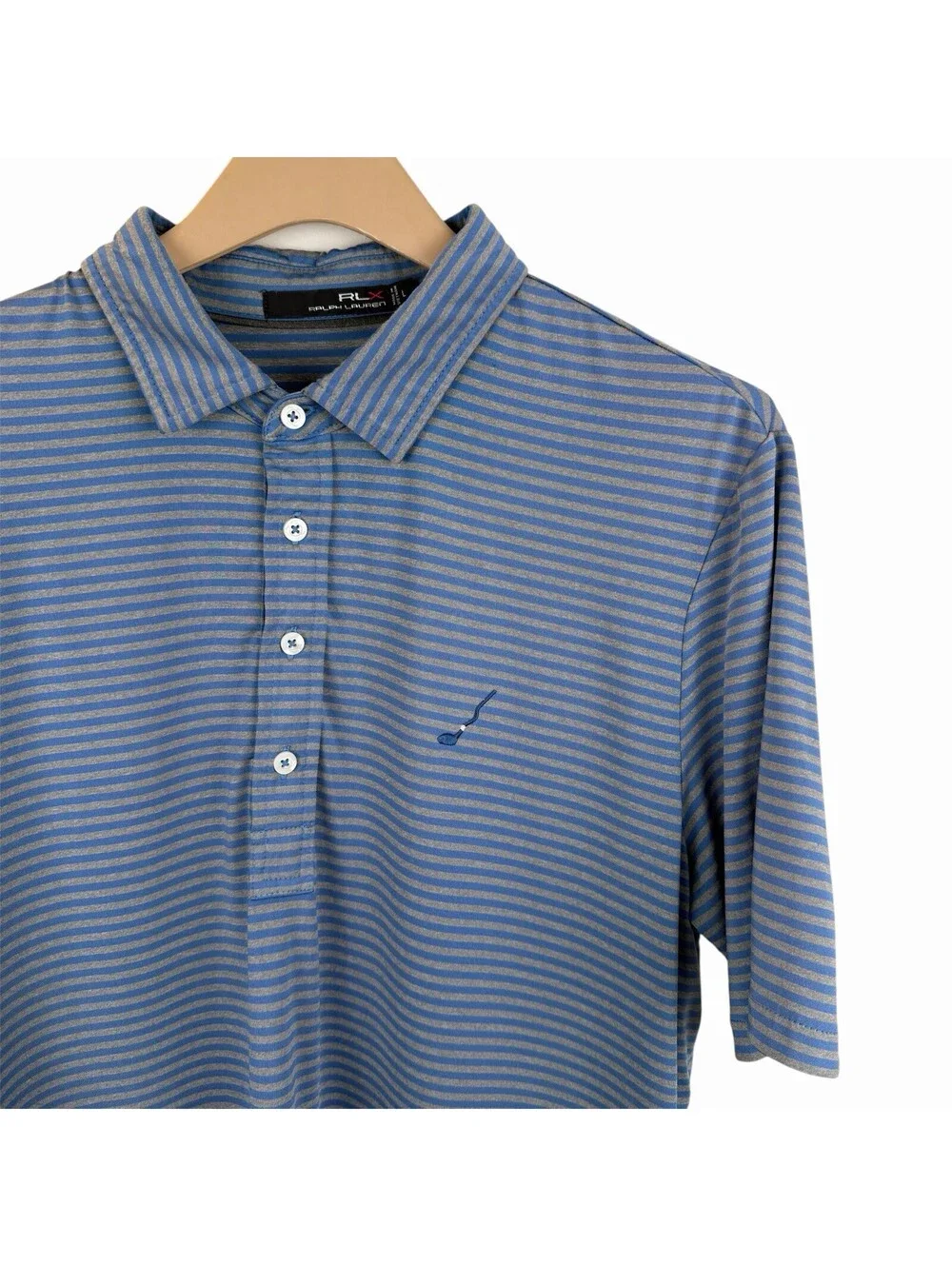 RLX Ralph Lauren Golf Polo Shirt Mens Large Blue Gray Striped Performance Knit L